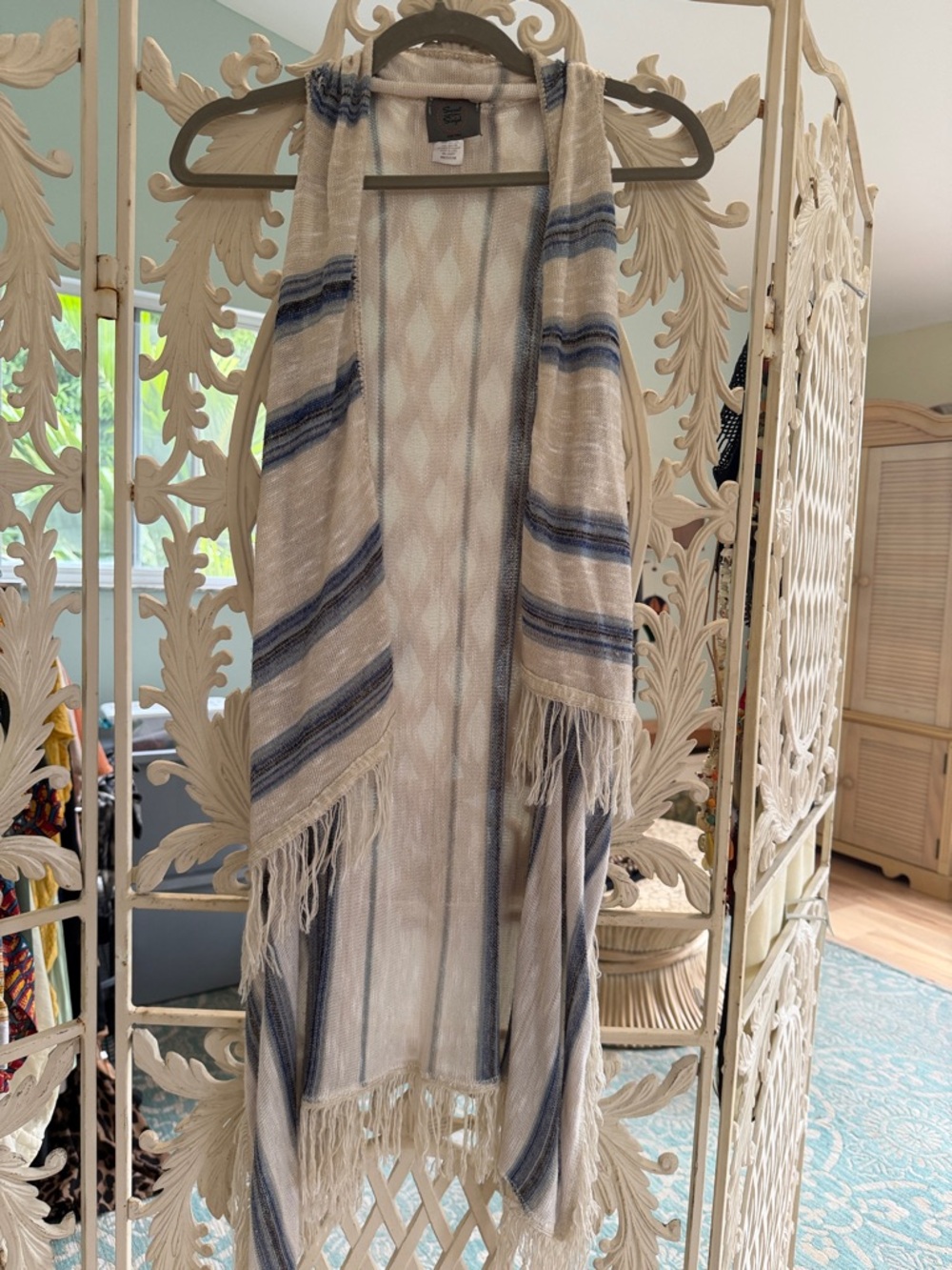 Light Beige and Blue Striped Fringe Vest